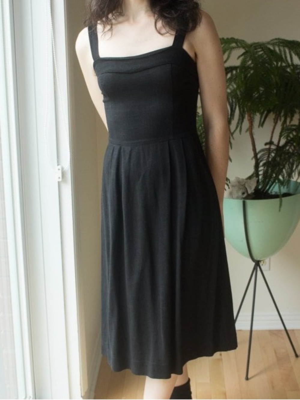 Birds of North America Thornbill Black Midi Dress with Foldover Neck Detail